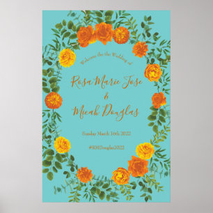 Modern Blommigt för orange och vattenbruk i Bröllo Poster