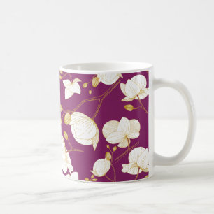 Modern blommigt för orkidéer i guld och vit elegan kaffemugg