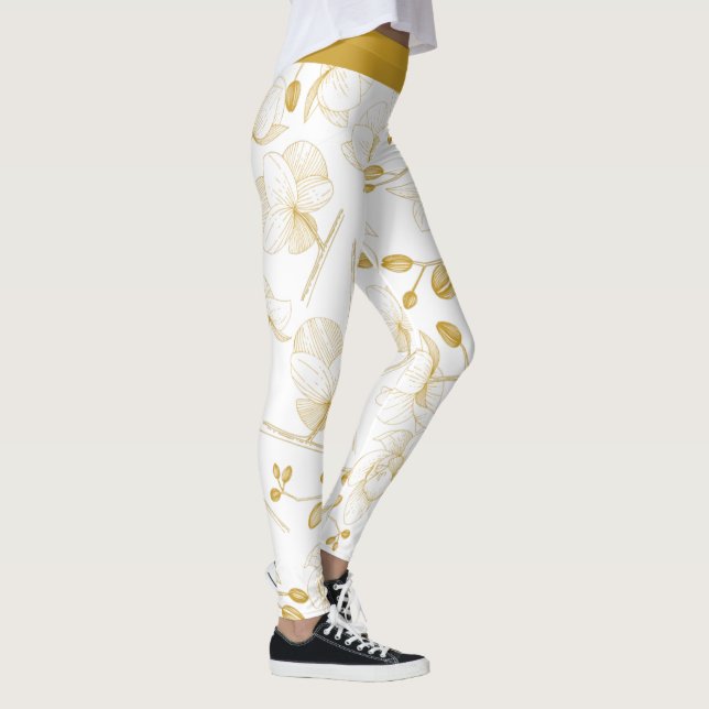 Modern blommigt för orkidéer i guld och vit elegan leggings (Höger)