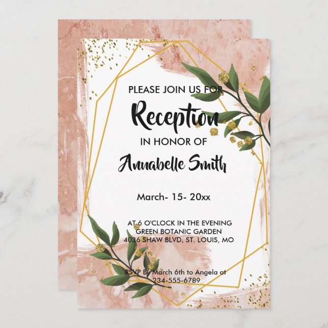 Modern Blommigt för Ram av ivoriansk Grönt i Guld Inbjudningar (Fram/baksida)
