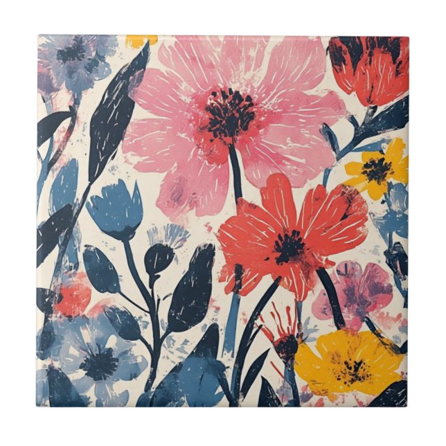 Modern Blommigt för Retro Mid Centres design Kakelplatta (Framsidan)