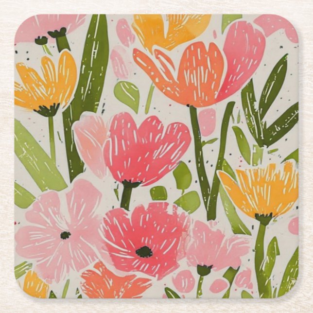 Modern Blommigt för Retro Mid Centres design Underlägg Papper Kvadrat (Framsidan)