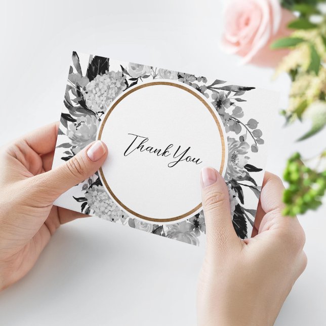 Modern Blommigt för svart och vitt vatten Tack Kort (Skapare uppladdad)