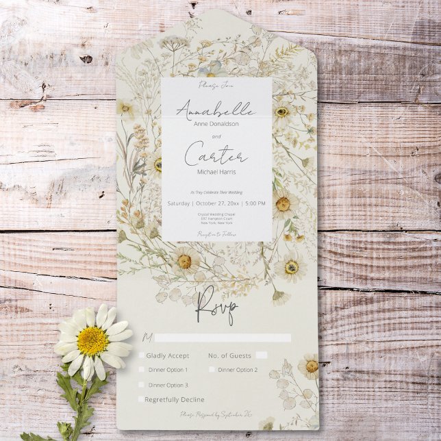 Modern Blommigt för torkade, roterska Daisy (Modern Rustic Dried Daisies Floral Dinner All In One Invitation)