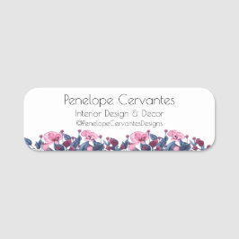 Modern Blommigt för vattenfärg, dammblå och Rosa Namnbricka