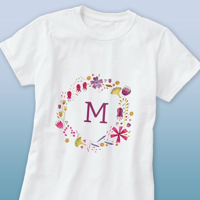 Modern Blommigt för vattenfärg i Monogram T Shirt (Modern monogram initial personalized floral watercolor wildflower t-shirt)
