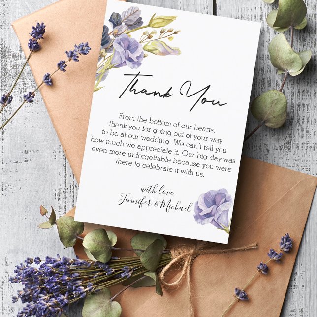 modern blommigt för vattenfärg i skript lila bröll tack kort (Skapare uppladdad)