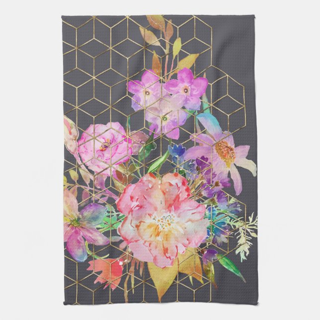 Modern blommigt för vattenfärger och guld-geometri kökshandduk (Vertikal)