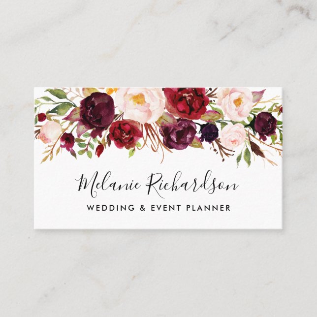 Modern Blommigt för vattenfärgsbränning i Elegant Visitkort (Framsida)