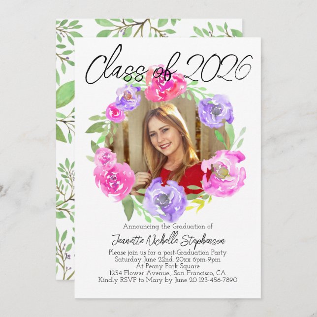 Modern Blommigt foto 2025 Studenten Inbjudningar (Fram/baksida)