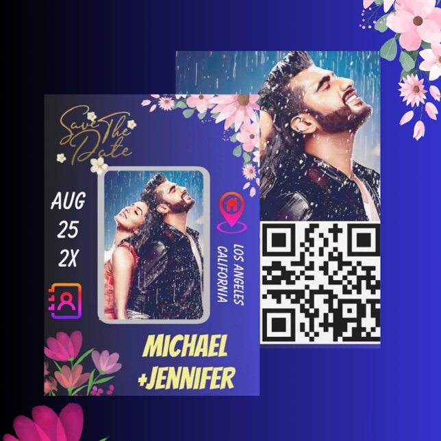 Modern Blommigt Foto QR-kod Bröllop spara datum Inbjudningar (Skapare uppladdad)