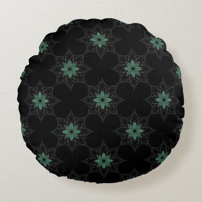 Modern Blommigt Geometric Mönster Teal and Black Rund Kudde (Framsidan)