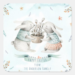 Modern Blommigt Glad påsk Önskemål Boho Bunny Fyrkantigt Klistermärke