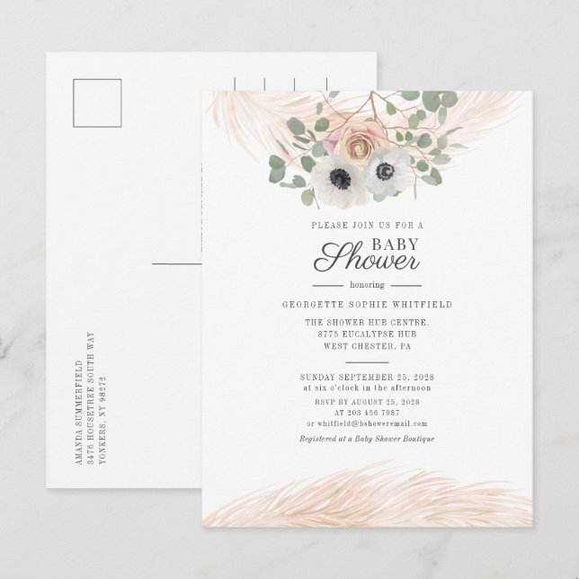 Modern Blommigt Greenery Pampas Grass Baby Shower Inbjudan Vykort (Fram/baksida)