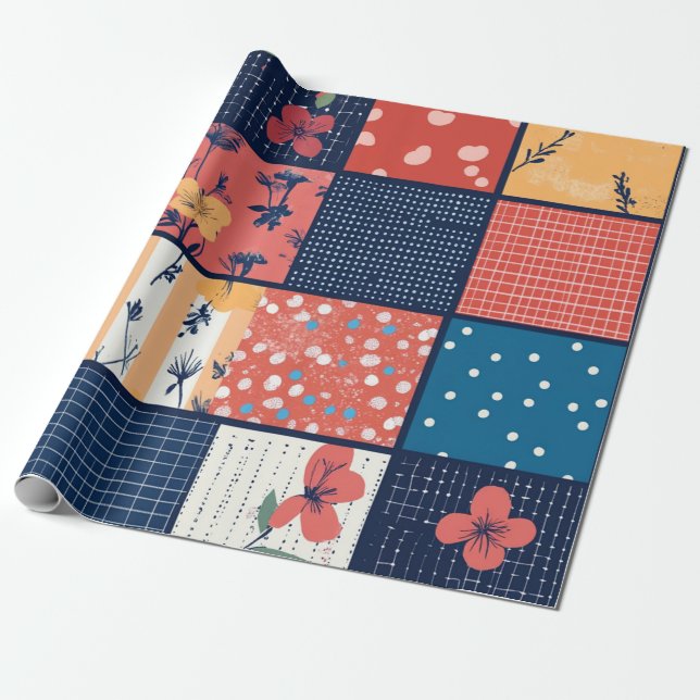 Modern Blommigt Grid Patchwork Mönster Presentpapper (Utrullad)