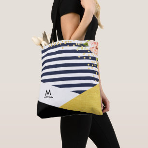 Modern Blommigt Guld Foil och Navy Blue Rand Stil Tygkasse