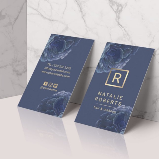 Modern Blommigt Guld Monogram Logotyp Elegant Navy Visitkort (Skapare uppladdad)