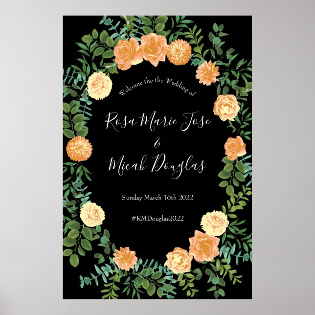 Modern Blommigt i Black & Peach Bröllop Poster (Framsidan)