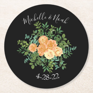 Modern Blommigt i Black & Peach Bröllop Underlägg Papper Rund