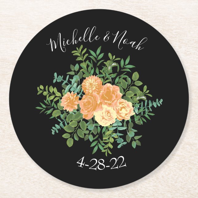 Modern Blommigt i Black & Peach Bröllop Underlägg Papper Rund (Framsidan)