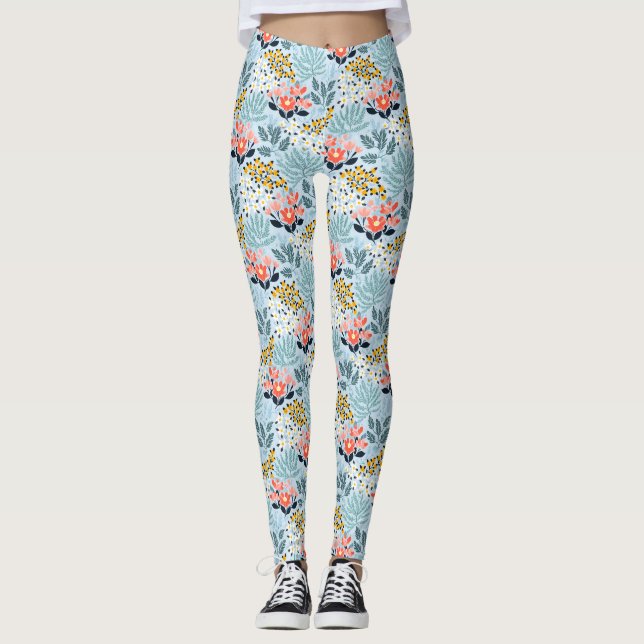 Modern Blommigt i blått Leggings (Framsida)