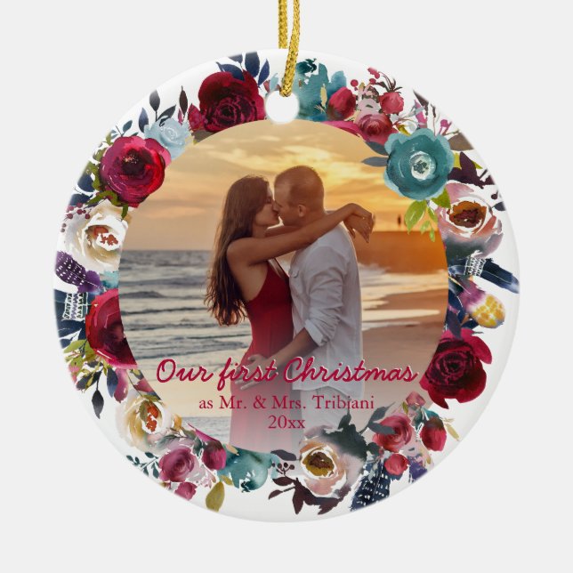 Modern Blommigt i Burgundy-flottan - vår första ju Julgransprydnad Keramik (Framsidan)