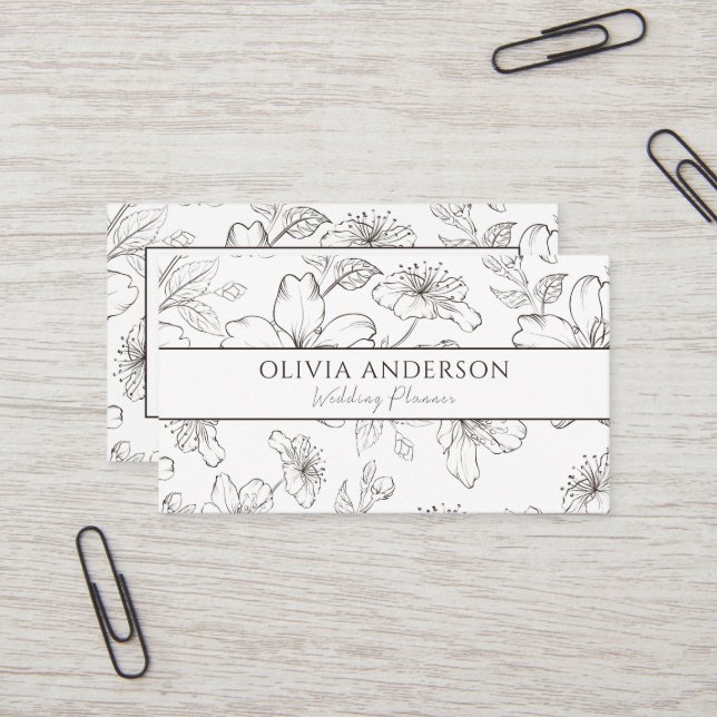 Modern Blommigt i svart och vit elegant Visitkort (Fram/Back In Situ)