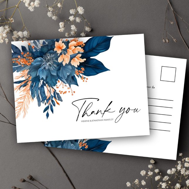 Modern Blommigt Indigo Rust Bröllop Tack Vykort (Modern Floral Indigo Rust Wedding Thank You Postcard)