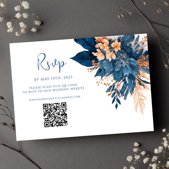 Modern Blommigt Indigo Rust QR-kod Bröllop OSA Kort (Modern Floral Indigo Rust QR Code Wedding RSVP Card)