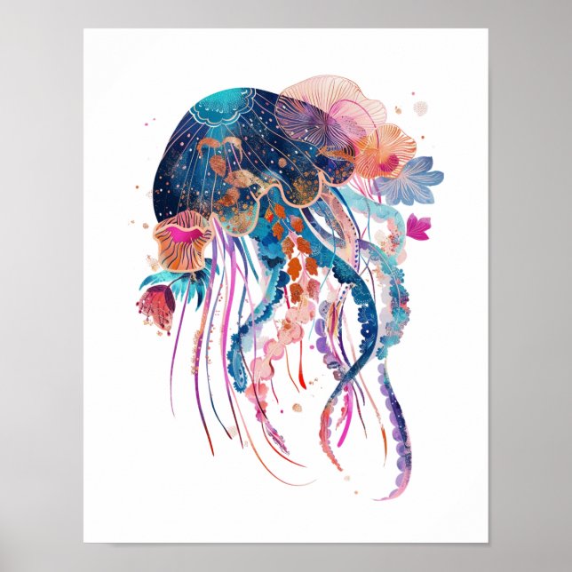 Modern Blommigt Jellyfish Wall Art Poster (Framsidan)