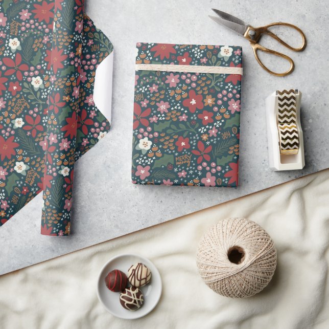 Modern Blommigt Joy och Merry Wrapping Papper Presentpapper (Hantverk)