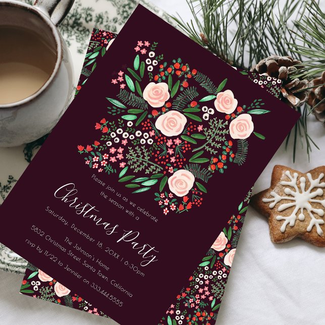 Modern Blommigt - julafton Party Inbjudningar (Modern Floral Festive Christmas Party Invitation)