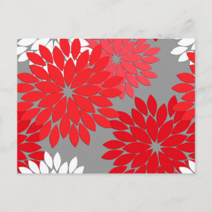 Modern Blommigt Kimono Print, Coral Red och Grått Vykort
