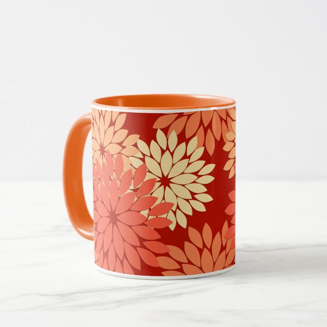 Modern Blommigt Kimono Print, Mandarin Orange Mugg (Framsida vänster)