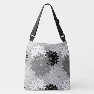 Modern Blommigt Kimono-utskrift, Grått, svartvitt Axelväska