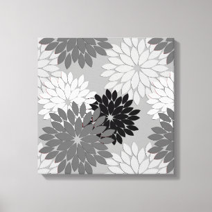 Modern Blommigt Kimono-utskrift, Grått, svartvitt Canvastryck