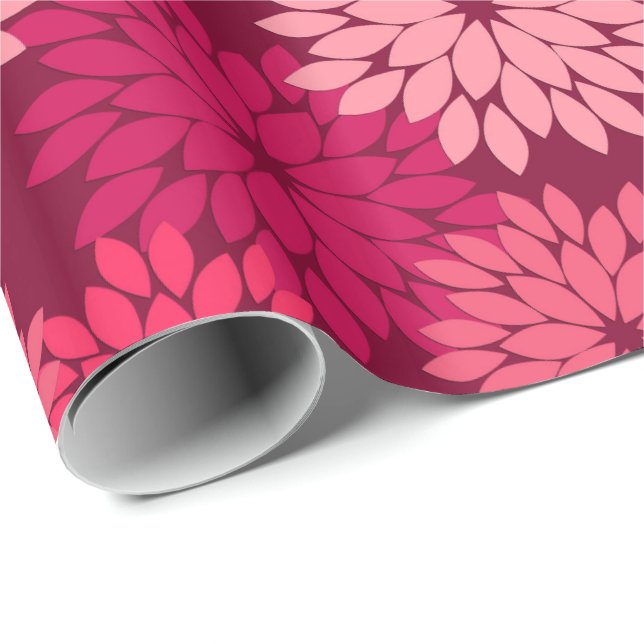 Modern Blommigt Kimono-utskrift, koral Rosa och Bu Presentpapper (Rullad Hörn)
