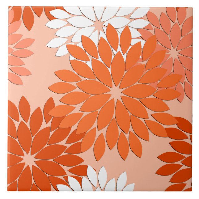 Modern Blommigt Kimono-utskrift, korallisk Orange  Kakelplatta (Framsidan)