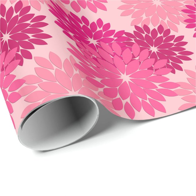 Modern Blommigt Kimono-utskrift, korallisk Rosa Presentpapper (Rullad Hörn)