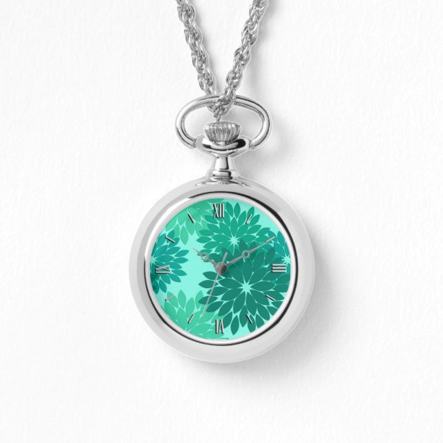 Modern Blommigt Kimono-utskrift, turkos, Teal & Aq Armbandsur (Framsida)