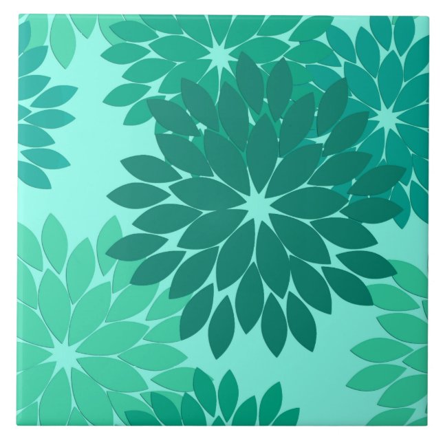 Modern Blommigt Kimono-utskrift, turkos, Teal & Aq Kakelplatta (Framsidan)