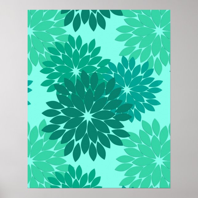 Modern Blommigt Kimono-utskrift, turkos, Teal & Aq Poster (Framsidan)