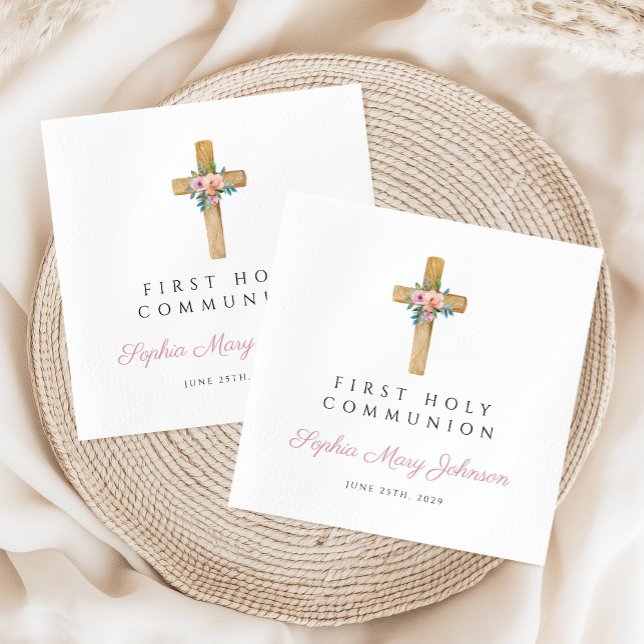 Modern Blommigt Kor Girl First Communion Pappersservett (Modern Floral Cross Girl First Communion Napkins)