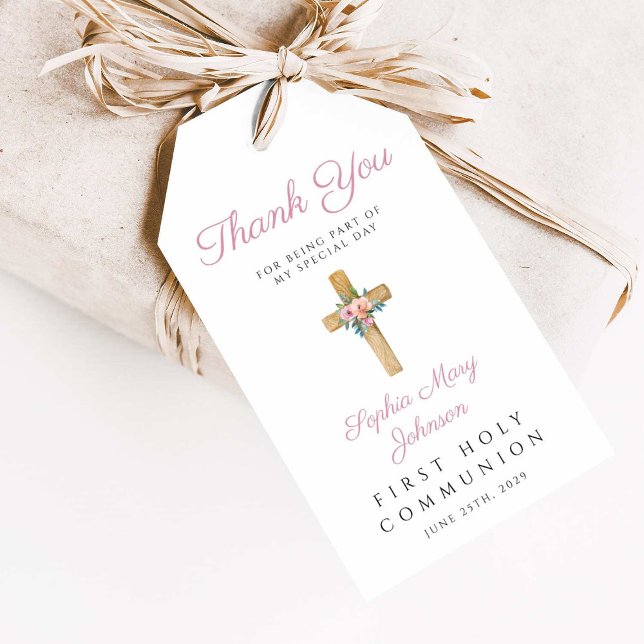 Modern Blommigt Kor Girl First Communion Presentetikett (Modern Floral Cross Girl First Communion Gift Tags)