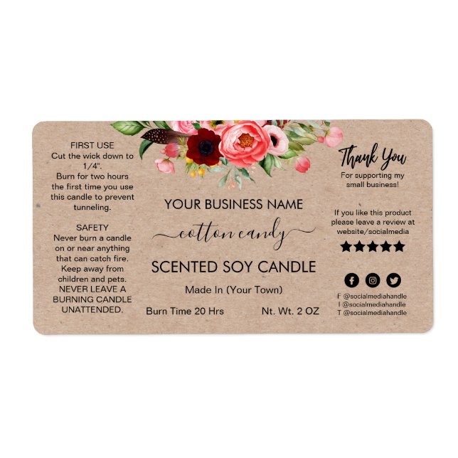 Modern Blommigt Kraft Scentred Soy Candle Labels Fraktsedel (Framsidan)