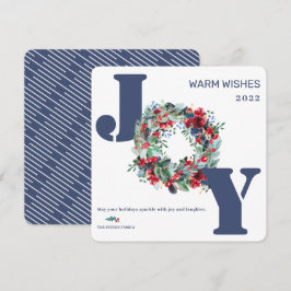 Modern blommigt krans God jul Joy Blue Julkort