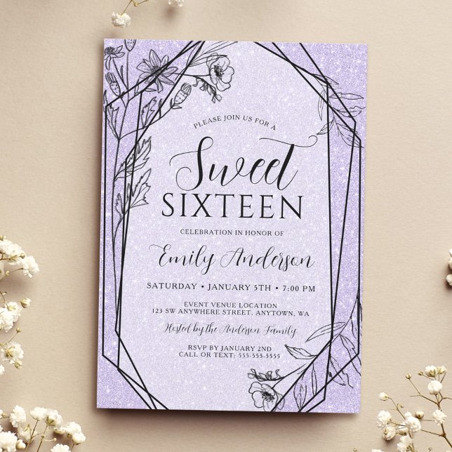 Modern Blommigt Lavender Lila Glitter Sweet 16 Inbjudningar (Skapare uppladdad)