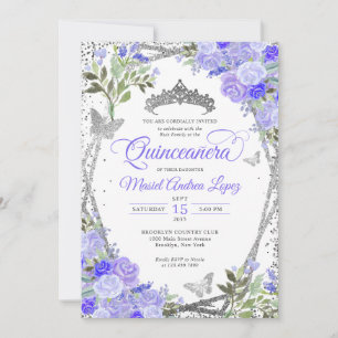 Modern Blommigt Lila Glam Silver Tiara Quinceañera Inbjudningar
