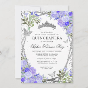 Modern Blommigt Lila Glam Silver Tiara Quinceañera Inbjudningar