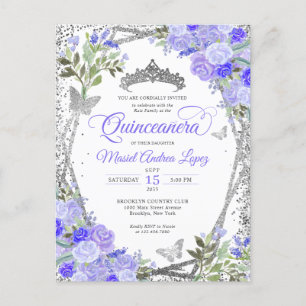 Modern Blommigt Lila Glam Silver Tiara Quinceañera Vykort